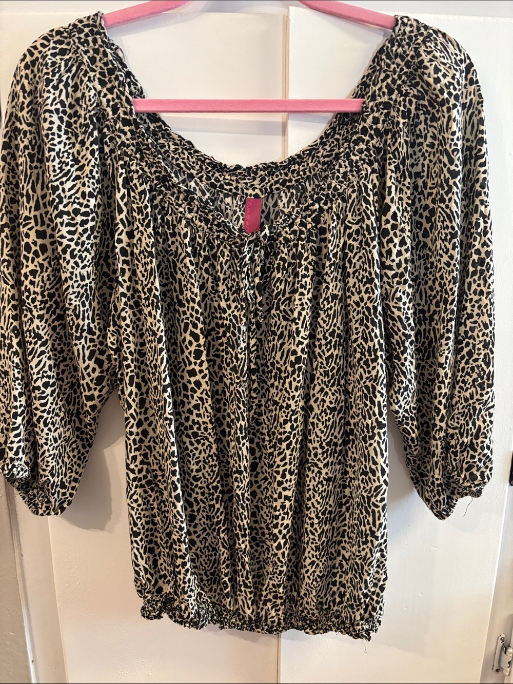 Pure Energy Leopard-Print Peasant Blouse - Black & Cream